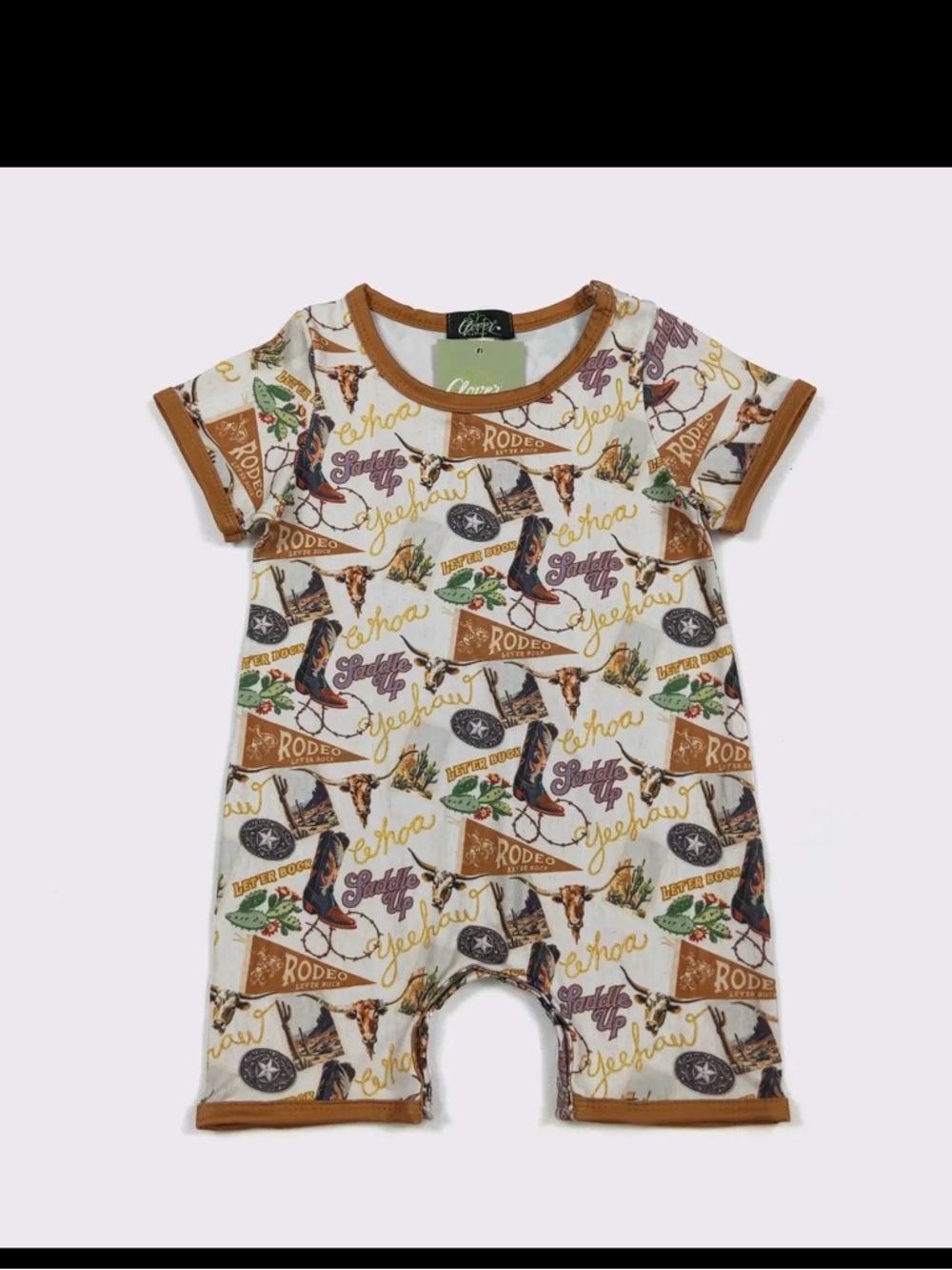 Cowboy Rodeo Print Baby Romper in White & Brown Trim
